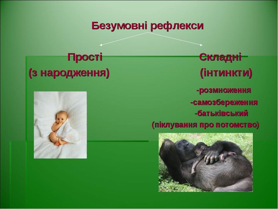 Безумовні рефлекси Прості Складні (з народження) (інтинкти) -розмноження -самозбереження -батьківський (піклування про потомство)