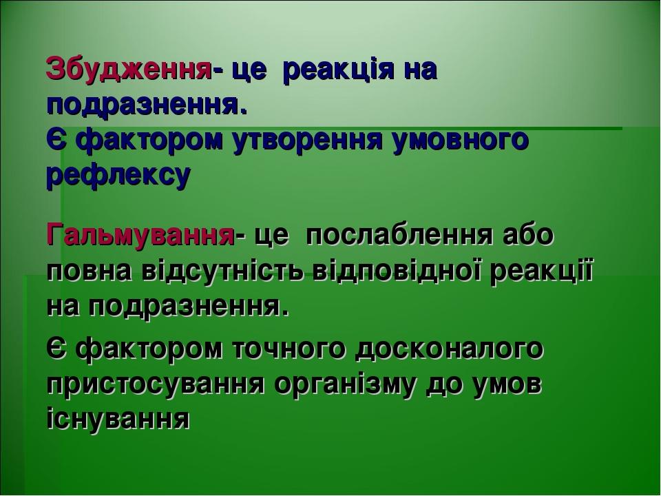 Збудження- це реакція на подразнення. Є фактором утворення умовного рефлексу Гальмування- це послаблення або повна відсутність відповідної реакції ...