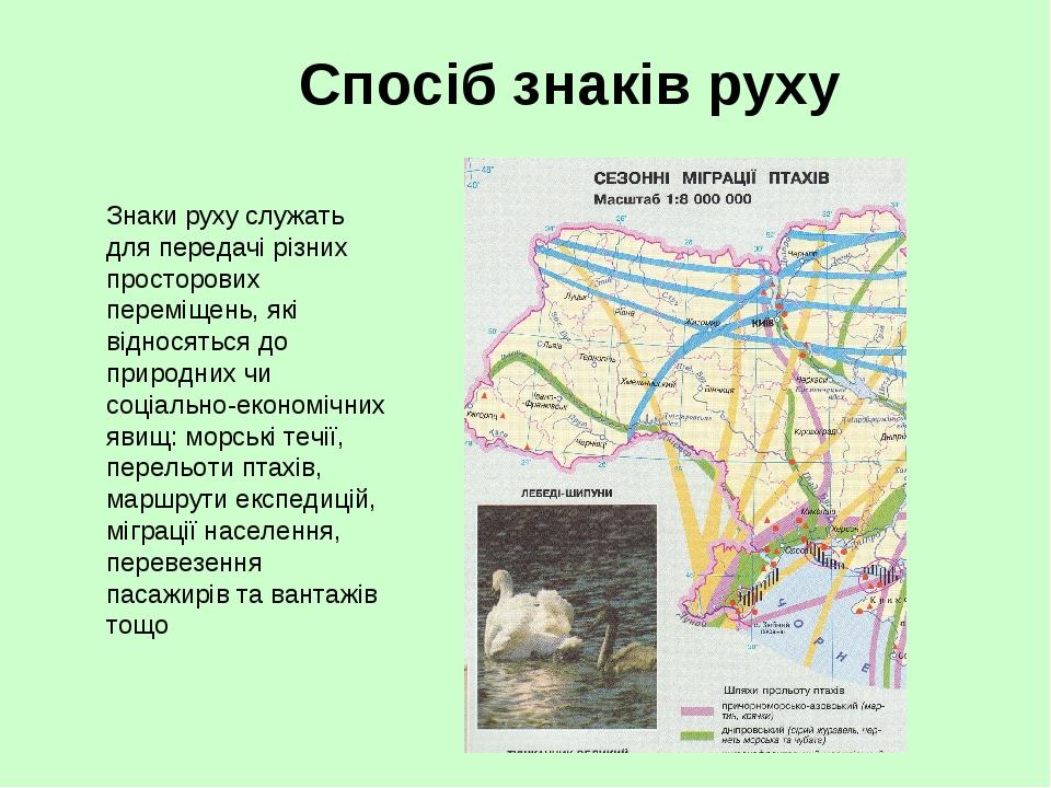 Спосіб знаків руху Знаки руху служать для передачі різних просторових переміщень, які відносяться до природних чи соціально-економічних явищ: морсь...
