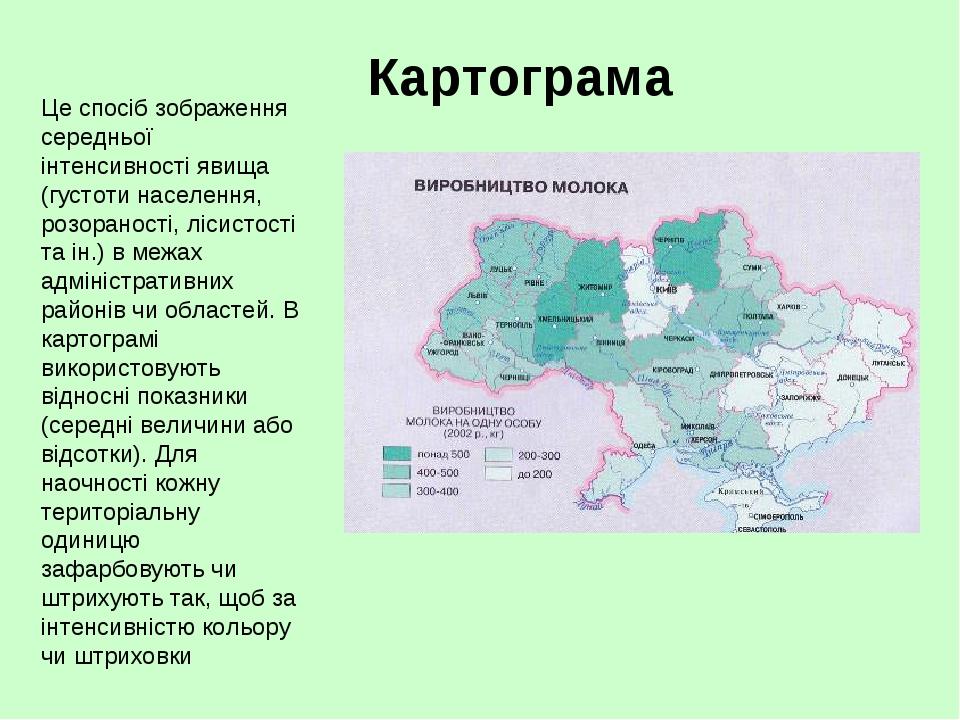 Картограма Це спосіб зображення середньої інтенсивності явища (густоти населення, розораності, лісистості та ін.) в межах адміністративних районів ...