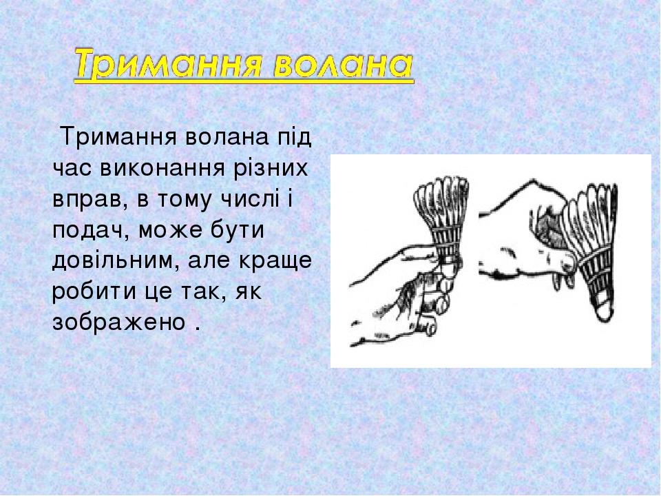 Тримання волана під час виконання різних вправ, в тому числі і подач, може бути довільним, але краще робити це так, як зображено .