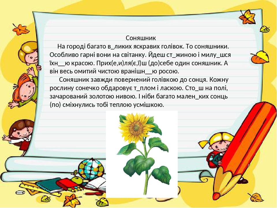 Соняшник На городі багато в_ликих яскравих голівок. То соняшники. Особливо гарні вони на світанку. Йдеш ст_жиною і милу_шся їхн__ю красою. Прих(е,и...