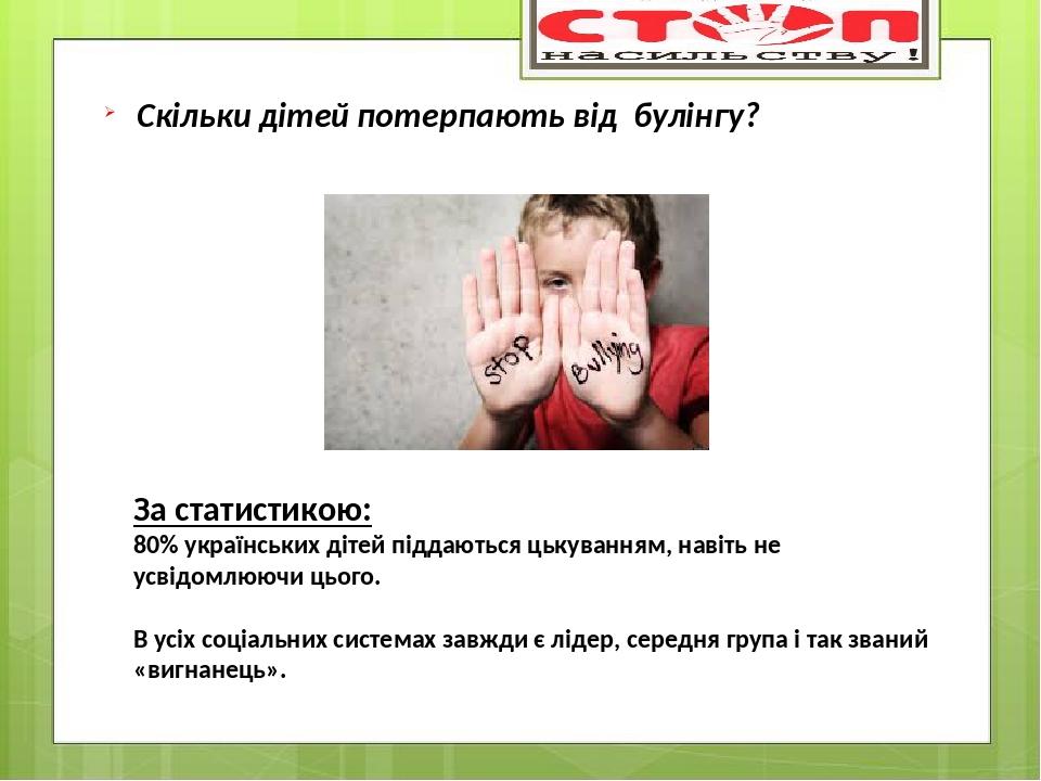 Скільки дітей потерпають від булінгу? За статистикою: 80% українських дітей піддаються цькуванням, навіть не усвідомлюючи цього. В усіх соціальних ...