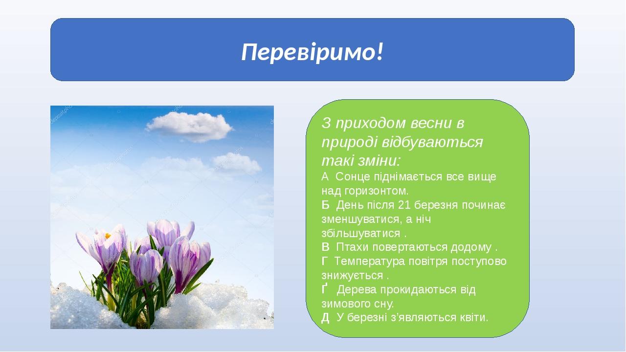 Перевіримо! З приходом весни в природі відбуваються такі зміни: А Сонце піднімається все вище над горизонтом. Б День після 21 березня починає зменш...