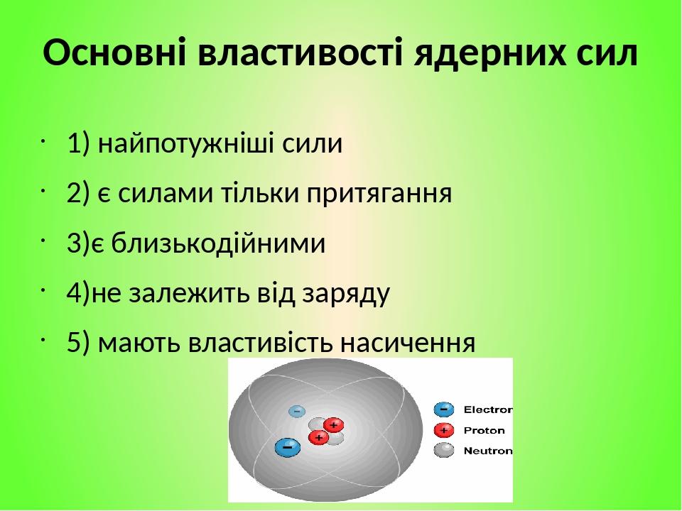 Основні властивості ядерних сил 1) найпотужніші сили 2) є силами тільки притягання 3)є близькодійними 4)не залежить від заряду 5) мають властивість...