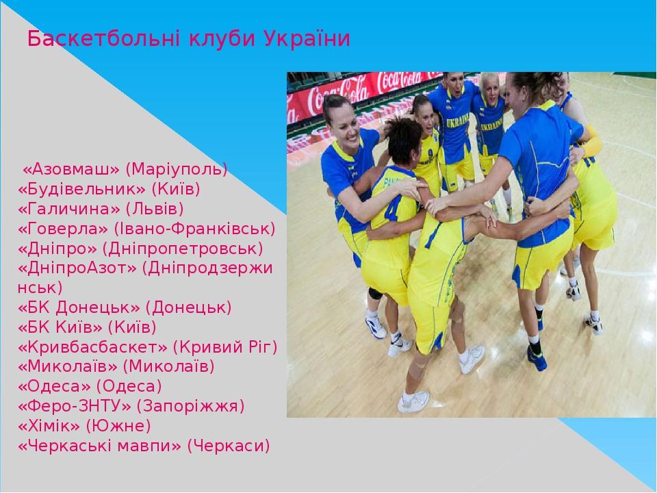 Баскетбольні клуби України «Азовмаш» (Маріуполь) «Будівельник» (Київ) «Галичина» (Львів) «Говерла» (Івано-Франківськ) «Дніпро» (Дніпропетровськ) «Д...