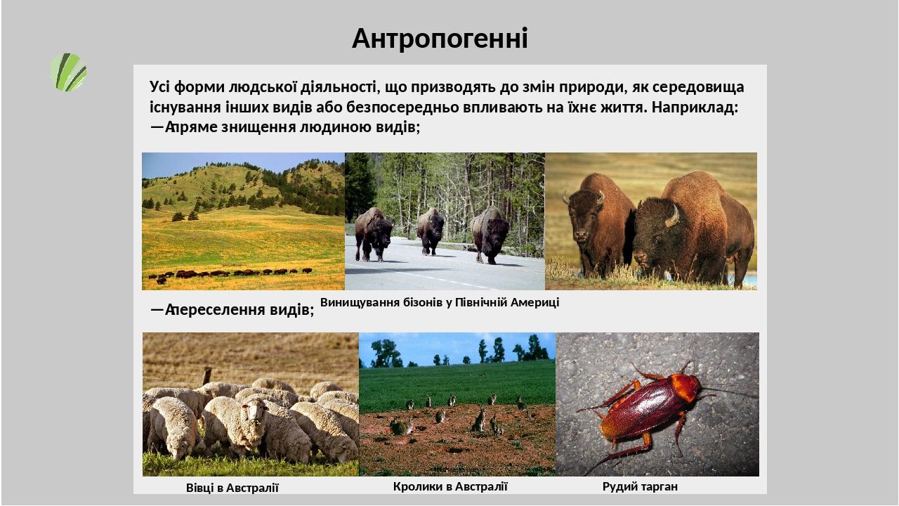 Антропогенні Усі форми людської діяльності, що призводять до змін природи, як середовища існування інших видів або безпосередньо впливають на їхнє ...