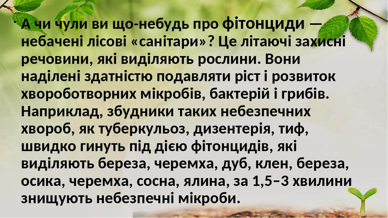 А чи чули ви що-небудь про фітонциди — небачені лісові «санітари»? Це літаючі захисні речовини, які виділяють рослини. Вони наділені здатністю пода...