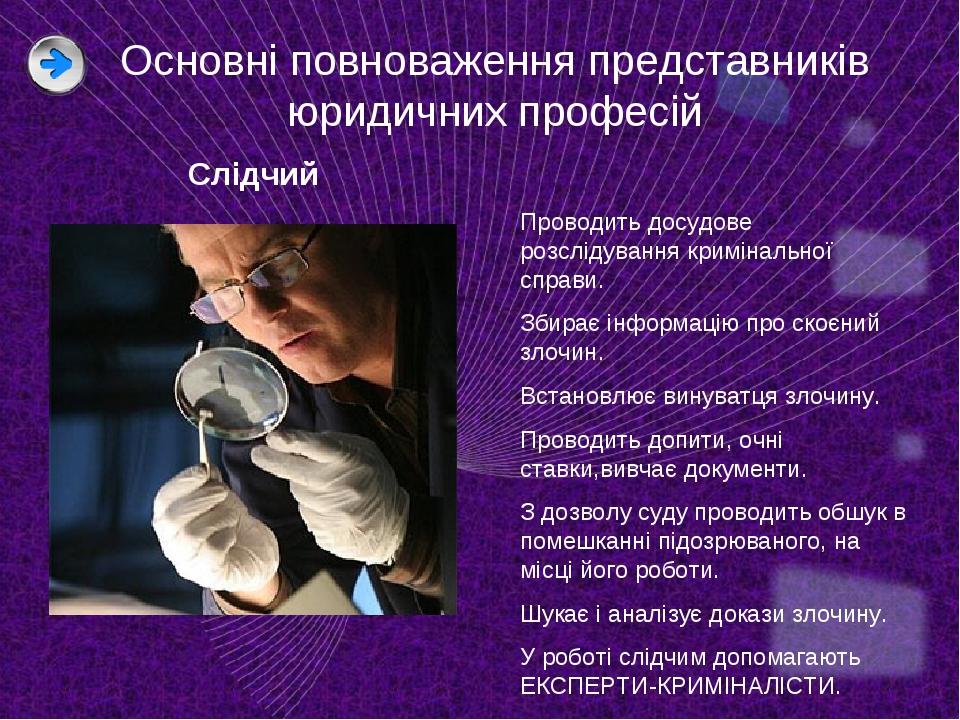 Основні повноваження представників юридичних професій Проводить досудове розслідування кримінальної справи. Збирає інформацію про скоєний злочин. В...