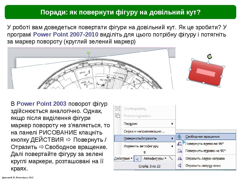 Данилюк В.М., Вільногірськ, 2012 Поради: як повернути фігуру на довільний кут? У роботі вам доведеться повертати фігури на довільний кут. Як це зро...