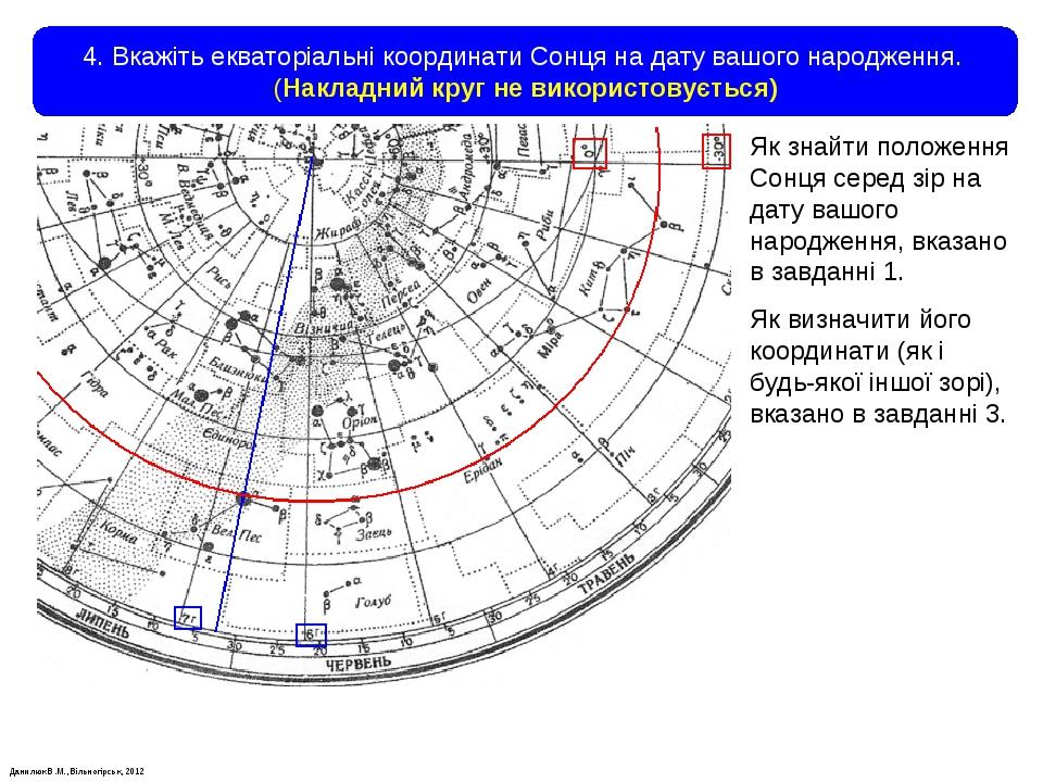 Данилюк В.М., Вільногірськ, 2012 4. Вкажіть екваторіальні координати Сонця на дату вашого народження. (Накладний круг не використовується) Як знайт...