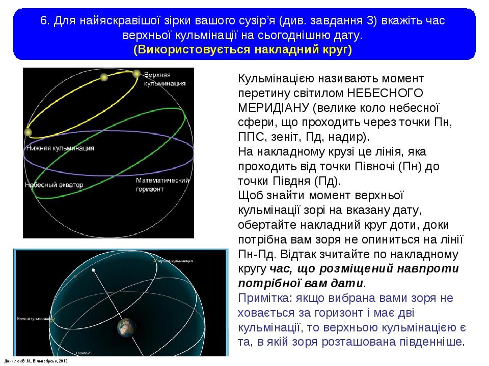 Данилюк В.М., Вільногірськ, 2012 6. Для найяскравішої зірки вашого сузір’я (див. завдання 3) вкажіть час верхньої кульмінації на сьогоднішню дату. ...