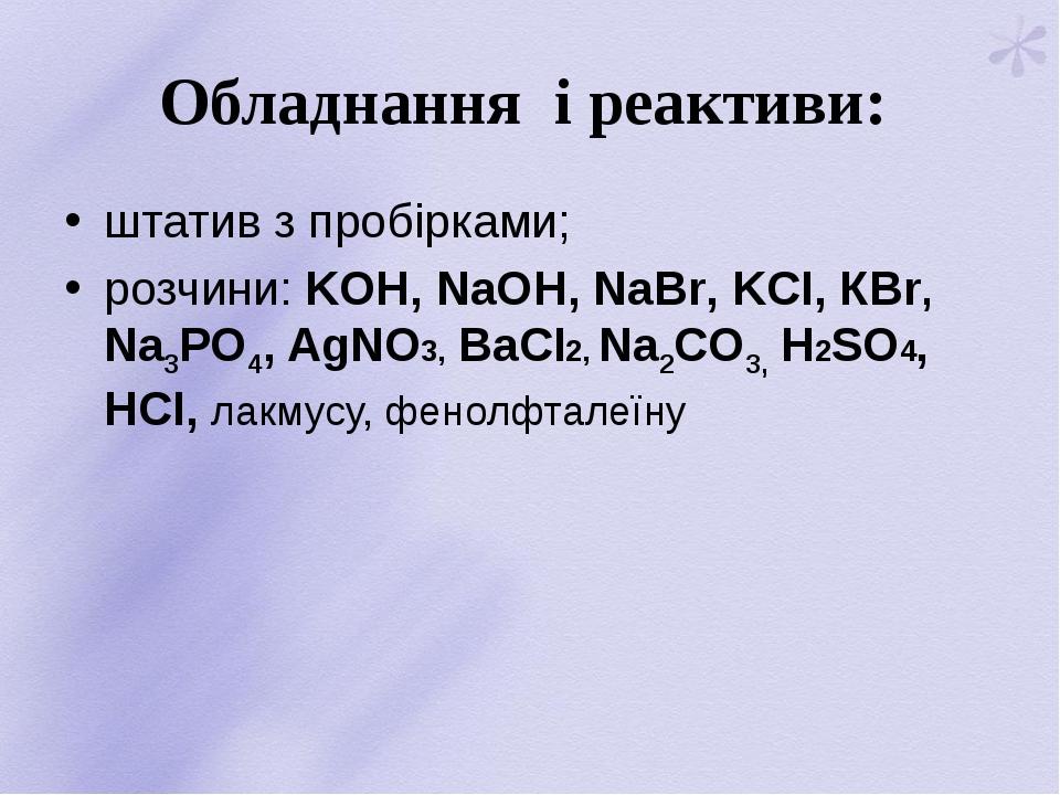 Обладнання і реактиви: штатив з пробірками; розчини: KOH, NaOH, NaBr, KСI, КBr, Na3РO4, AgNO3, BaCI2, Na2CO3, H2SO4, HCI, лакмусу, фенолфталеїну