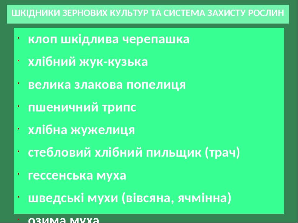 ШКІДНИКИ ЗЕРНОВИХ КУЛЬТУР ТА СИСТЕМА ЗАХИСТУ РОСЛИН клоп шкідлива черепашка хлібний жук-кузька велика злакова попелиця пшеничний трипс хлібна жужел...