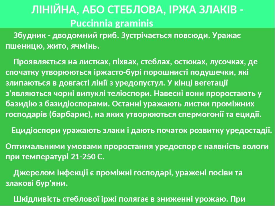 ЛІНІЙНА, АБО СТЕБЛОВА, ІРЖА ЗЛАКІВ - Puccinnia graminis Збудник - дводомний гриб. Зустрічається повсюди. Уражає пшеницю, жито, ячмінь. Проявляється...