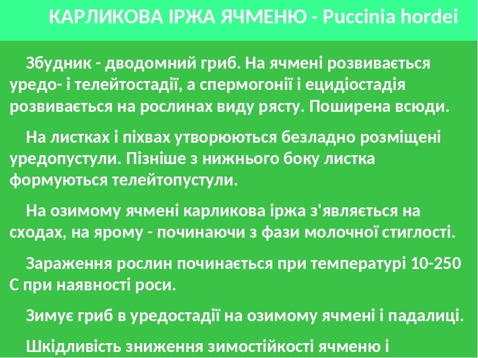 КАРЛИКОВА ІРЖА ЯЧМЕНЮ - Рuссіnіа hordei Збудник - дводомний гриб. На ячмені розвивається уредо- і телейтостадії, а спермогонії і ецидіостадія розви...
