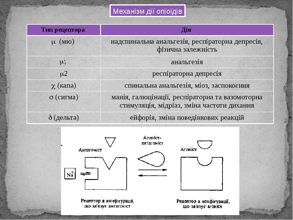 Механізм дії опіоїдів Тип рецептора Дія (мю) надспинальна анальгезія, респіраторна депресія, фізична залежність 1 анальгезія 2 респіраторна депр...