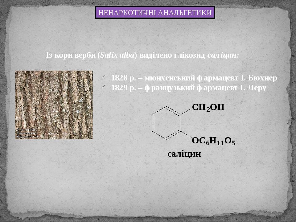 НЕНАРКОТИЧНІ АНАЛЬГЕТИКИ Із кори верби (Salix alba) виділено глікозид саліцин: 1828 р. – мюнхенський фармацевт І. Бюхнер 1829 р. – французький фарм...