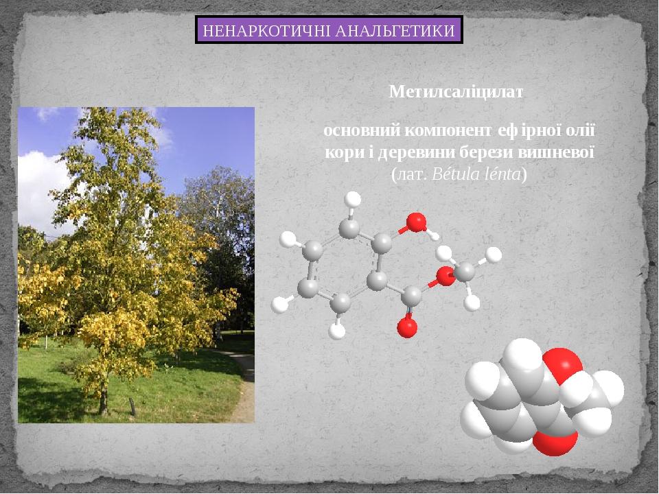 Метилсаліцилат НЕНАРКОТИЧНІ АНАЛЬГЕТИКИ основний компонент ефірної олії кори і деревини берези вишневої (лат. Bétula lénta)