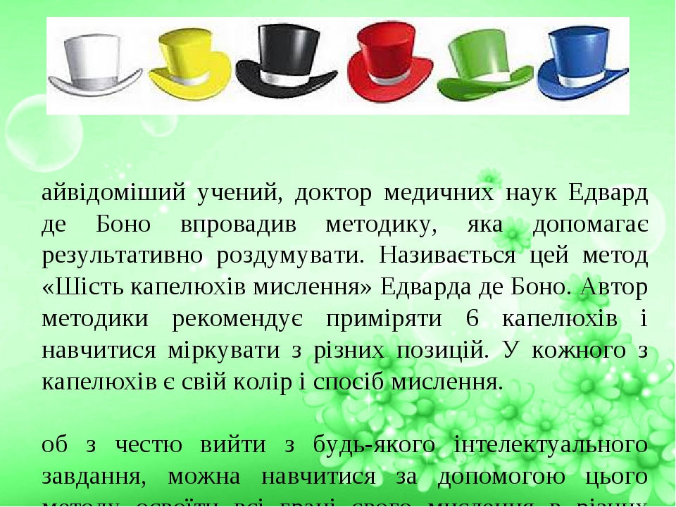 Методика 6 шляп Эдварда де Боно. Приём 6 шляп в начальной школе. Метод 6 шляп на родительском собрании.