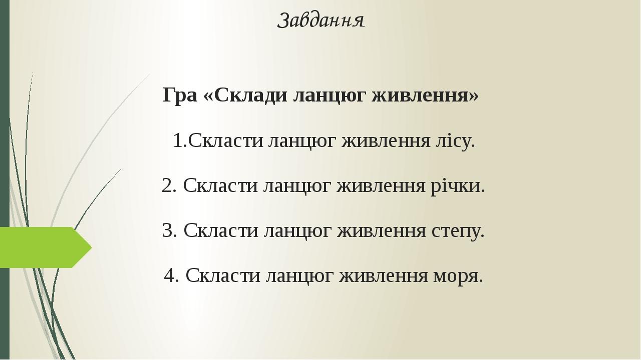 Завдання Гра «Склади ланцюг живлення» 1.Скласти ланцюг живлення лісу. 2. Скласти ланцюг живлення річки. 3. Скласти ланцюг живлення степу. 4. Скласт...