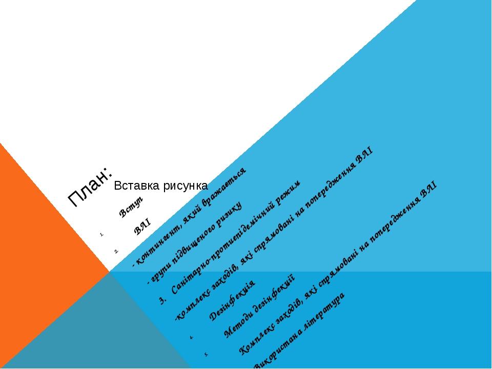 План: Вступ ВЛІ - контингент, який вражається - групи підвищеного ризику 3. Санітарно-протиепідемічний режим -комплекс заходів, які спрямовані на п...