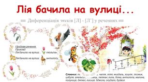 Презентація. Диференціація звуків  [Л] - [Л'] в реченні: "Лія бачила на вулиці...".