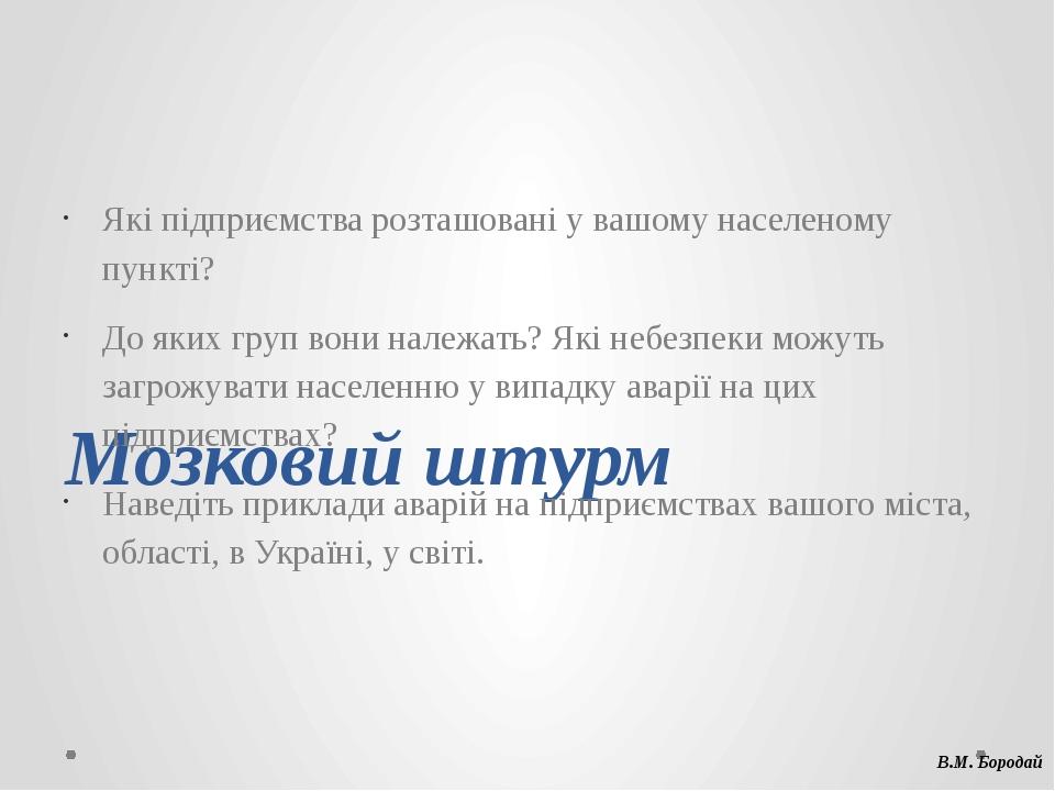 Мозковий штурм Які підприємства розташовані у вашому населеному пункті? До яких груп вони належать? Які небезпеки можуть загрожувати населенню у ви...