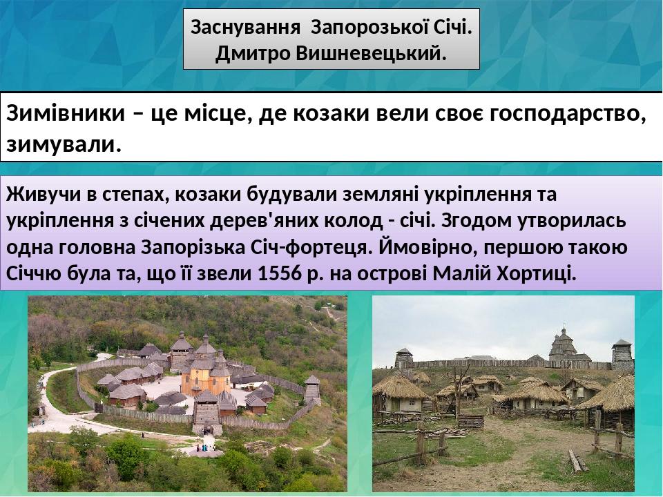 Заснування Запорозької Січі. Дмитро Вишневецький. Зимівники – це місце, де козаки вели своє господарство, зимували. Живучи в степах, козаки будувал...