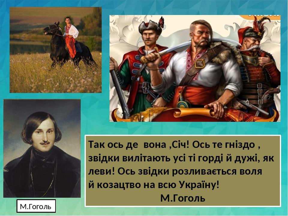Так ось де вона ,Січ! Ось те гніздо , звідки вилітають усі ті горді й дужі, як леви! Ось звідки розливається воля й козацтво на всю Україну! М.Гого...