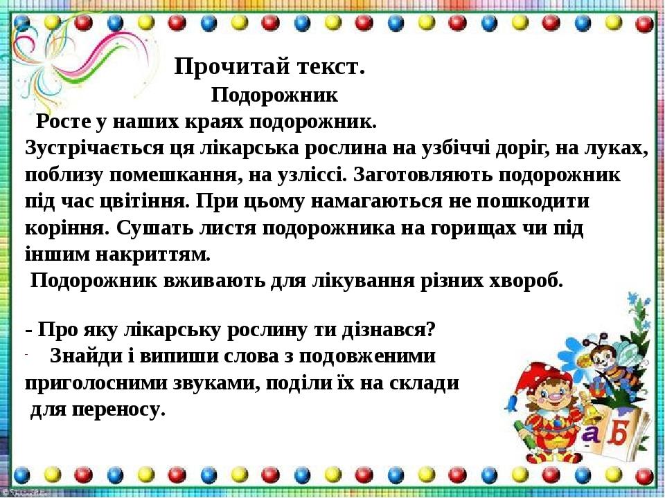 Прочитай текст. Подорожник Росте у наших краях подорожник. Зустрічається ця лікарська рослина на узбіччі доріг, на луках, поблизу помешкання, на уз...