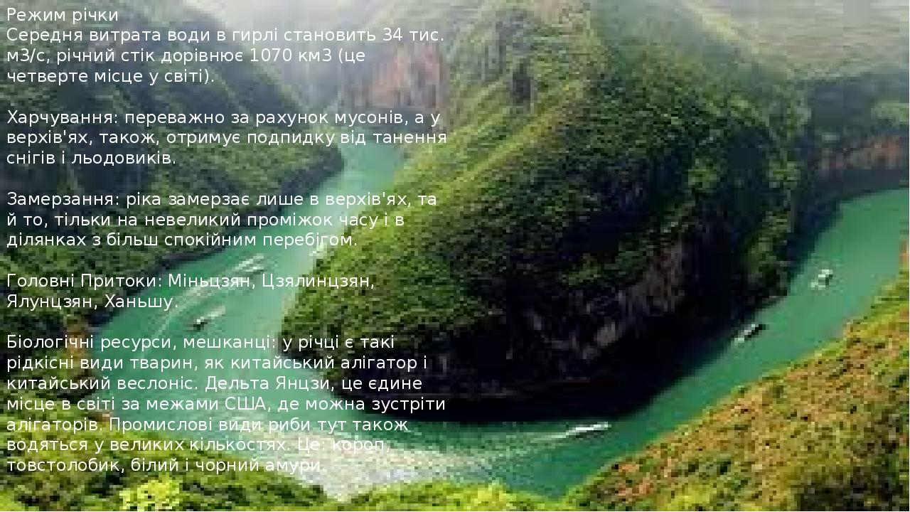 Режим річки Середня витрата води в гирлі становить 34 тис. м3/с, річний стік дорівнює 1070 км3 (це четверте місце у світі). Харчування: переважно з...