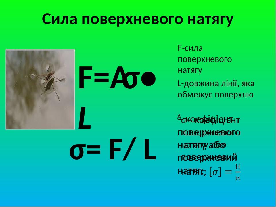 Сила поверхневого натягу F= σ•L F-сила поверхневого натягу L-довжина лінії, яка обмежує поверхню σ= F/ L