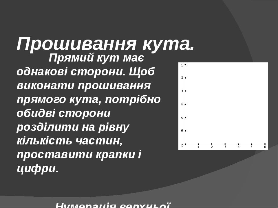 Прошивання кута. Прямий кут має однакові сторони. Щоб виконати прошивання прямого кута, потрібно обидві сторони розділити на рівну кількість частин...