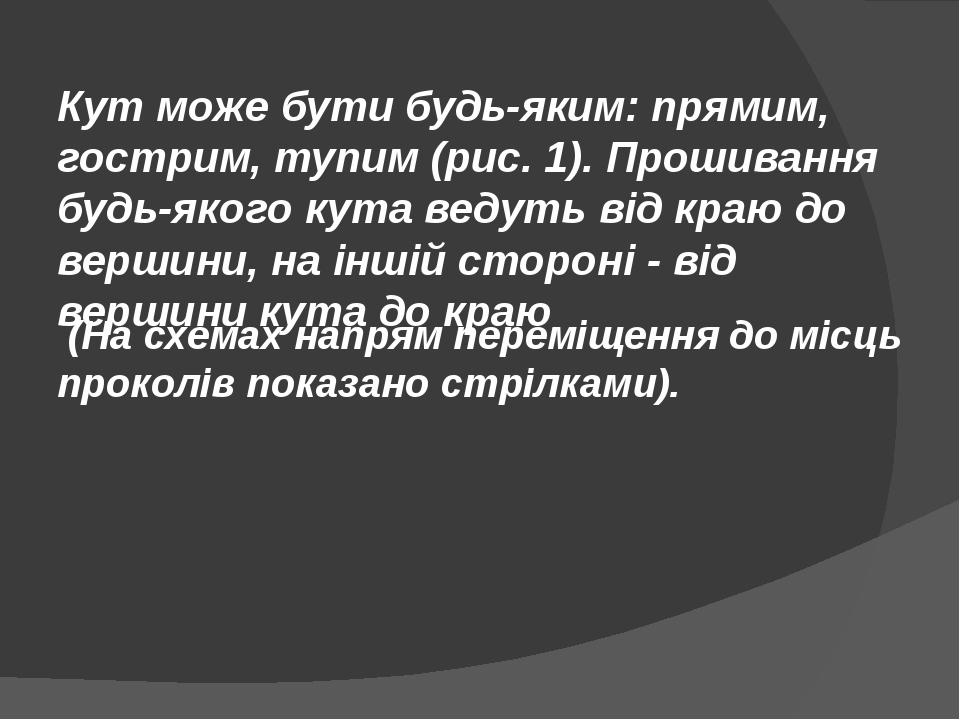 Кут може бути будь-яким: прямим, гострим, тупим (рис. 1). Прошивання будь-якого кута ведуть від краю до вершини, на іншій стороні - від вершини кут...