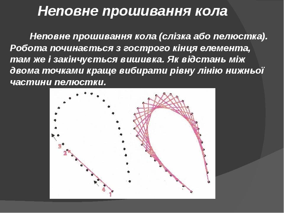 Неповне прошивання кола Неповне прошивання кола (слізка або пелюстка). Робота починається з гострого кінця елемента, там же і закінчується вишивка....