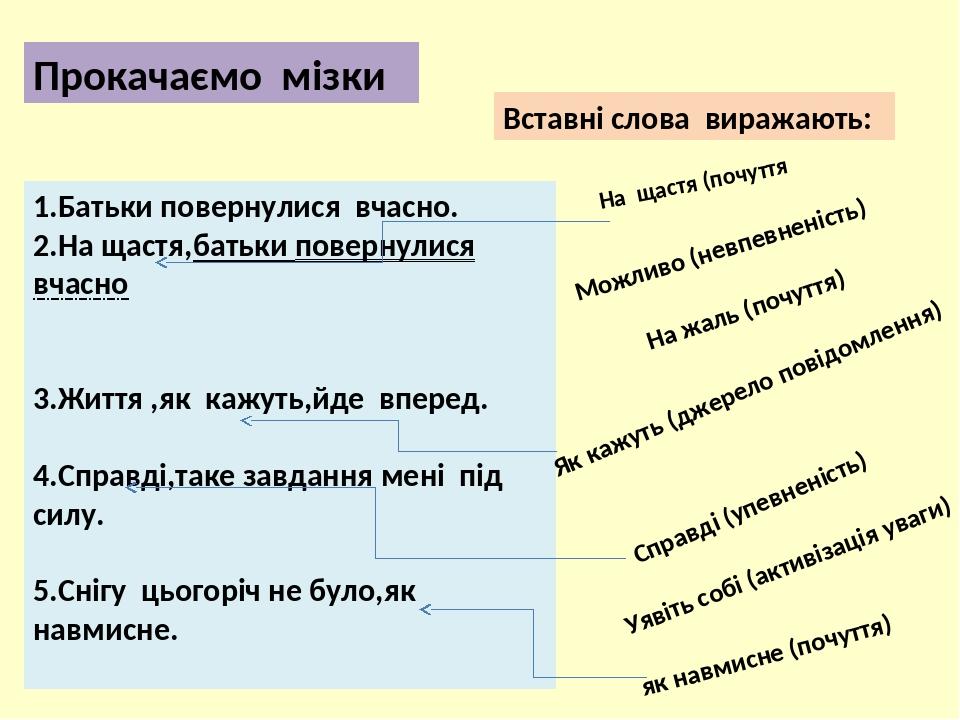 . 1.Батьки повернулися вчасно. 2.На щастя,батьки повернулися вчасно 3.Життя ,як кажуть,йде вперед. 4.Справді,таке завдання мені під силу. 5.Снігу ц...