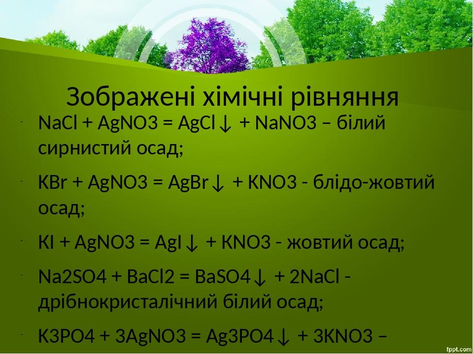Зображені хімічні рівняння NaCl + AgNO3 = AgCl↓ + NaNO3 – білий сирнистий осад; KBr + AgNO3 = AgBr↓ + KNO3 - блідо-жовтий осад; КІ + AgNO3 = AgІ↓ +...