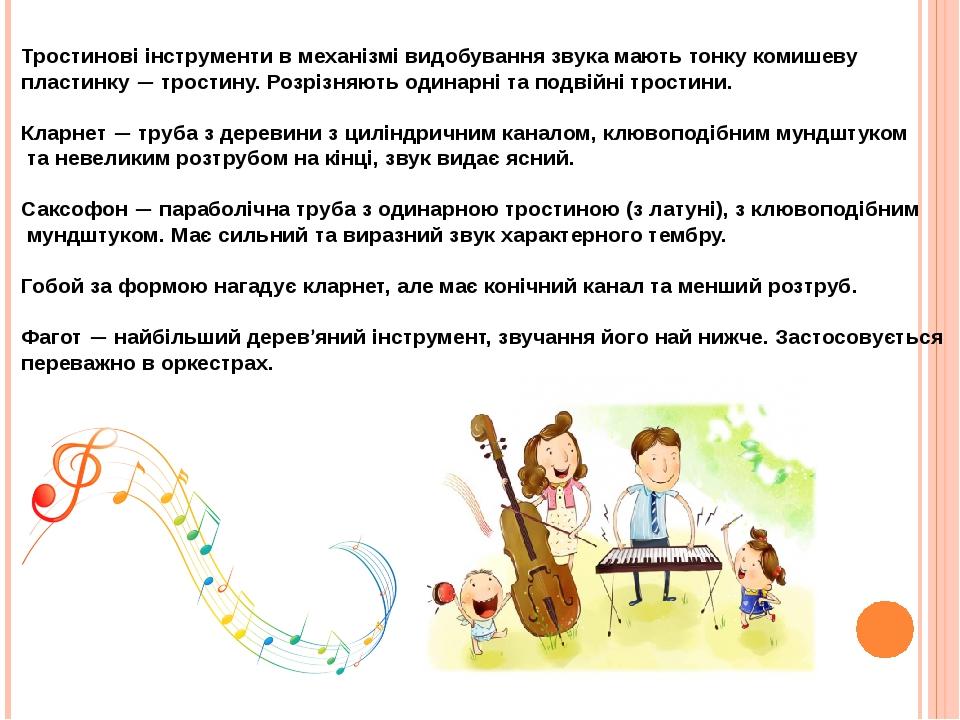 Тростинові інструменти в механізмі видобування звука мають тонку комишеву пластинку — тростину. Розрізняють одинарні та подвійні тростини. Кларнет ...