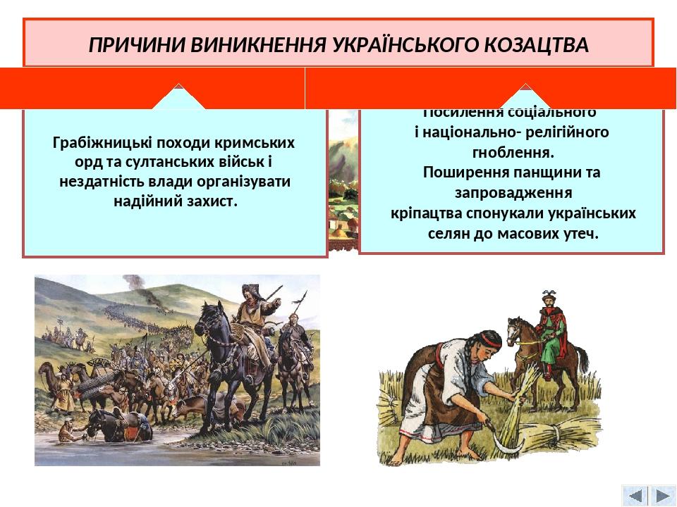 ПРИЧИНИ ВИНИКНЕННЯ УКРАЇНСЬКОГО КОЗАЦТВА Грабіжницькі походи кримських орд та султанських військ і нездатність влади організувати надійний захист. ...