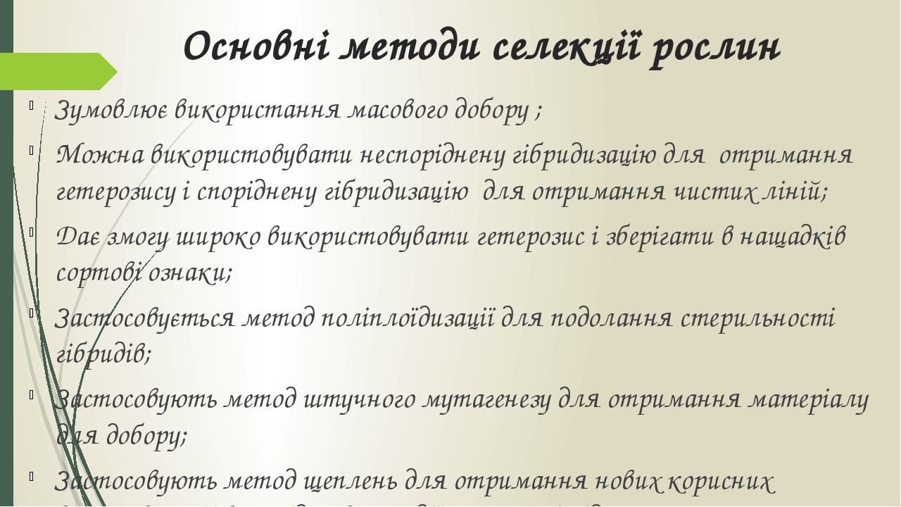 Основні методи селекції рослин Зумовлює використання масового добору ; Можна використовувати неспоріднену гібридизацію для отримання гетерозису і с...