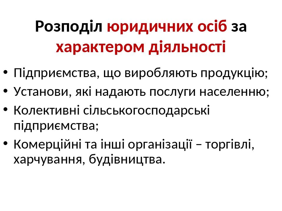 Розподіл юридичних осіб за характером діяльності Підприємства, що виробляють продукцію; Установи, які надають послуги населенню; Колективні сільськ...
