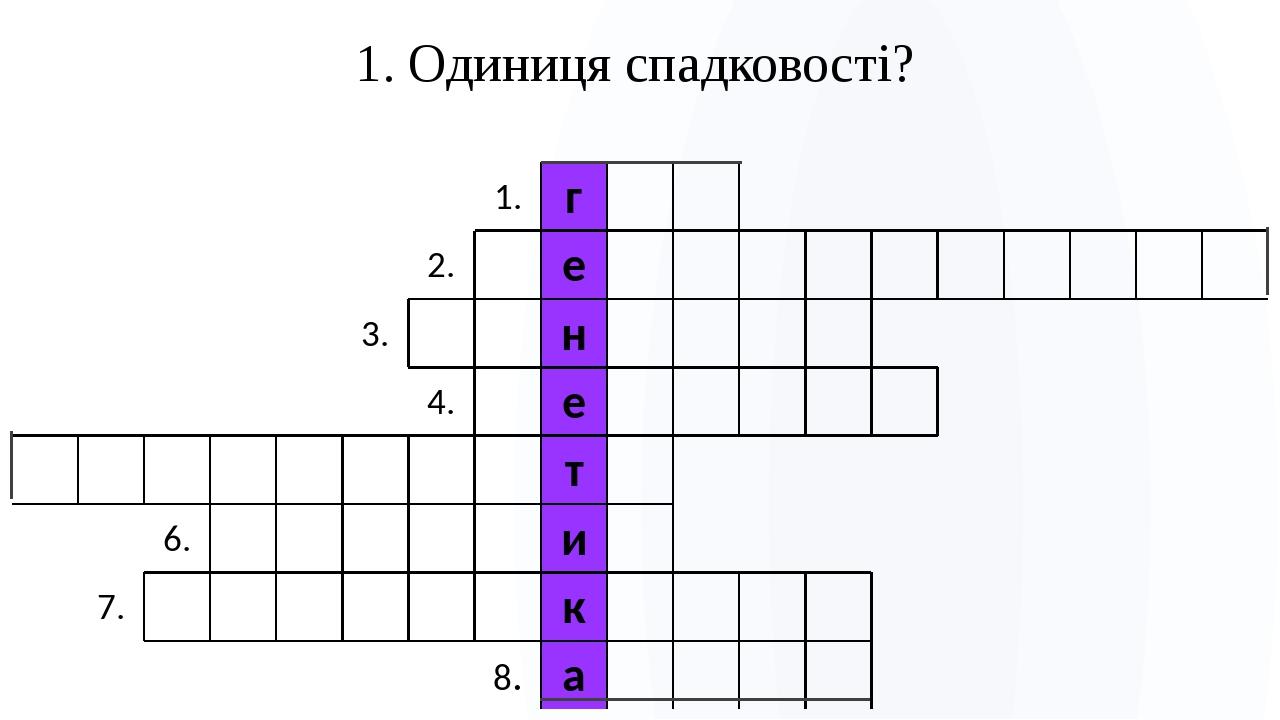 1. Одиниця спадковості? 1. г 2. е 3. н 4. е т 6. и 7. к 8. а