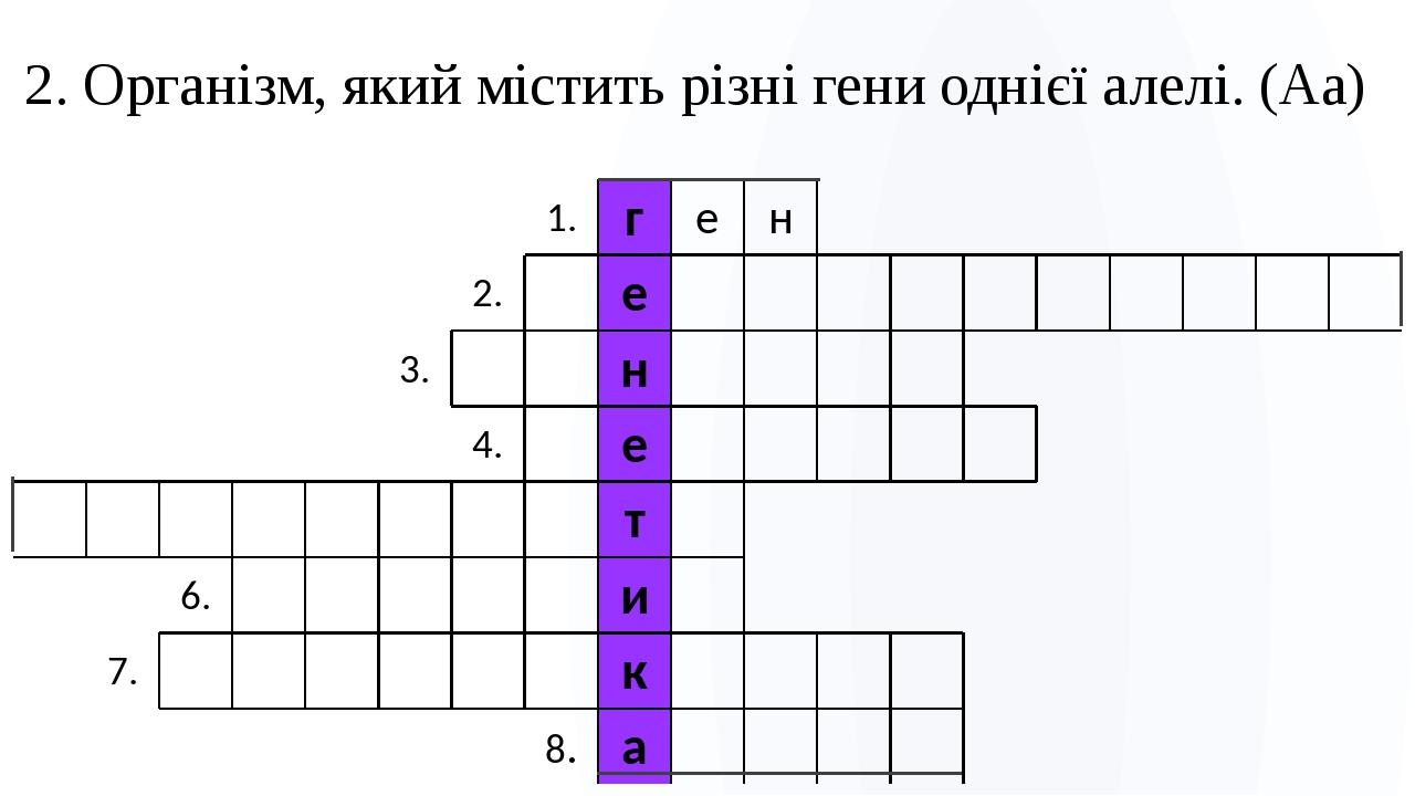 2. Організм, який містить різні гени однієї алелі. (Аа) 1. г е н 2. е 3. н 4. е т 6. и 7. к 8. а