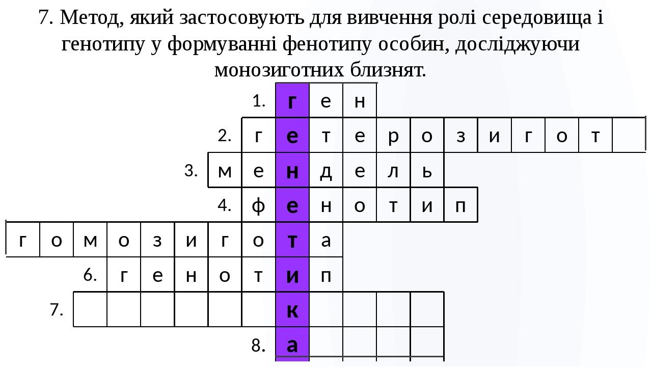 7. Метод, який застосовують для вивчення ролі середовища і генотипу у формуванні фенотипу особин, досліджуючи монозиготних близнят. 1. г е н 2. г е...