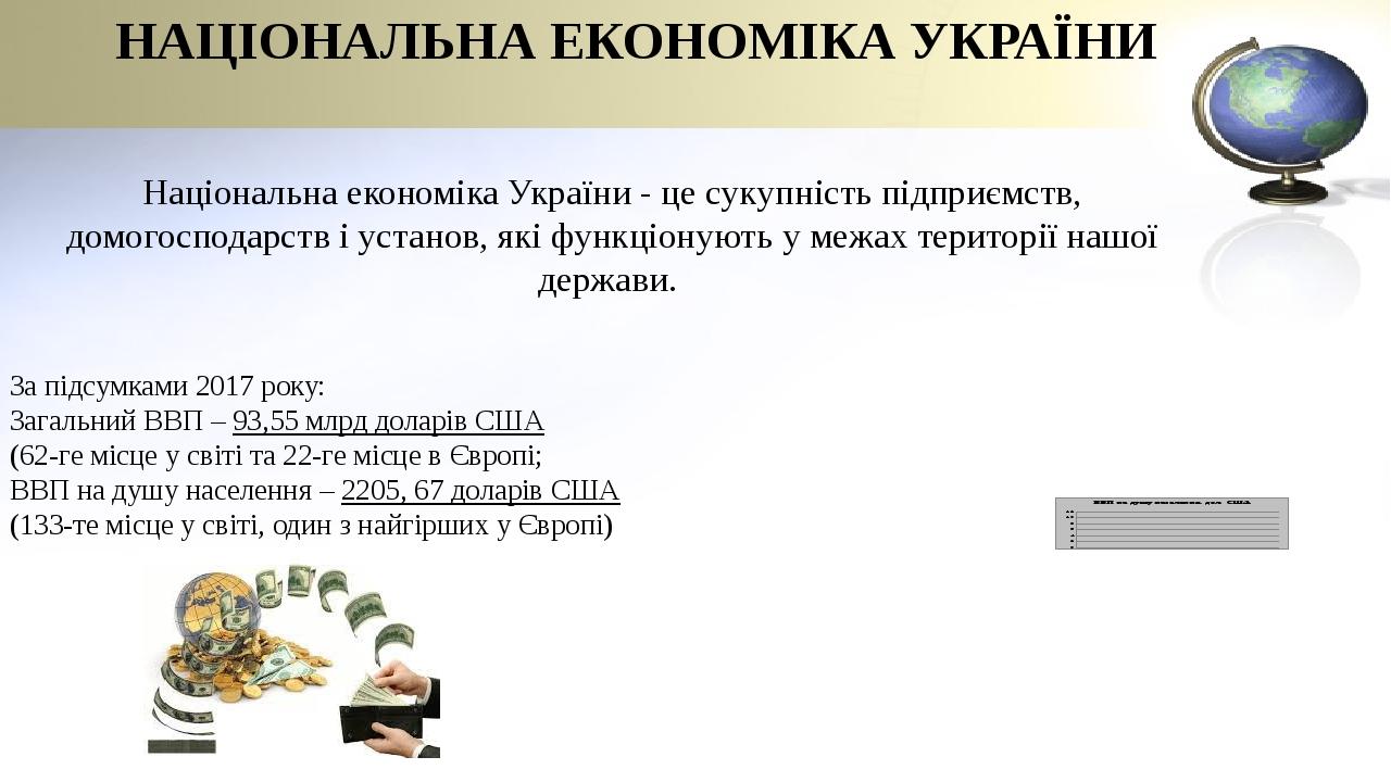 НАЦІОНАЛЬНА ЕКОНОМІКА УКРАЇНИ Національна економіка України - це сукупність підприємств, домогосподарств і установ, які функціонують у межах терито...
