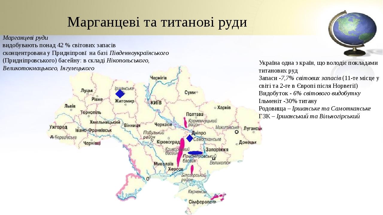 Марганцеві та титанові руди Марганцеві руди видобувають понад 42 % світових запасів сконцентрована у Придніпровї на базі Південноукраїнського (Прид...