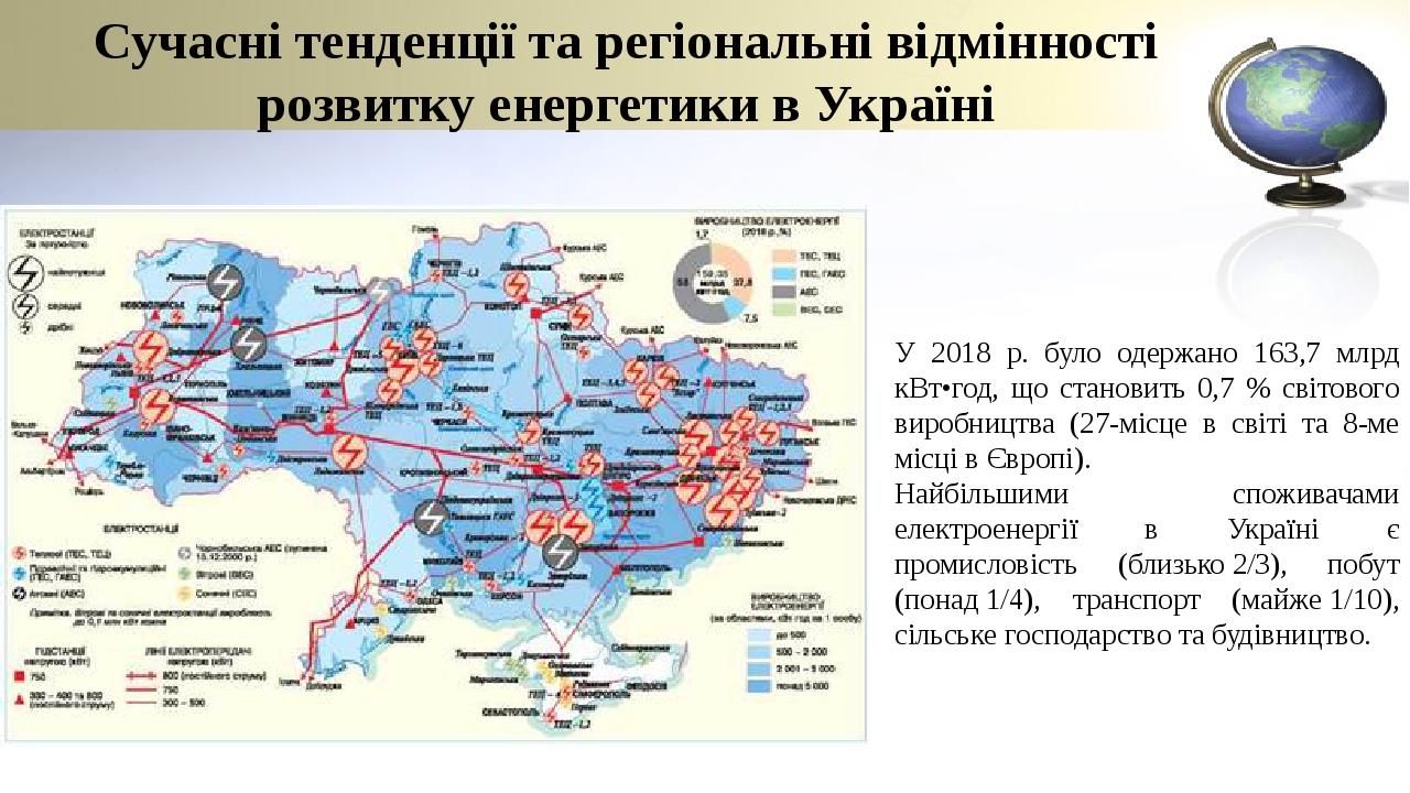 Сучасні тенденції та регіональні відмінності розвитку енергетики в Україні У 2018 р. було одержано 163,7 млрд кВт•год, що становить 0,7 % світового...