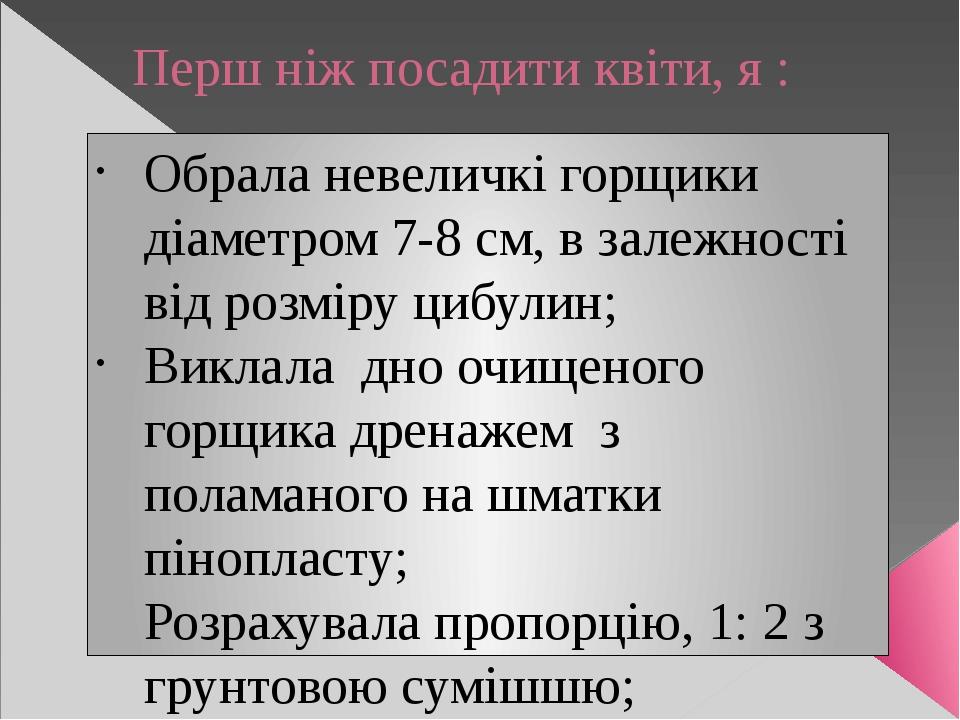 Перш ніж посадити квіти, я : Обрала невеличкі горщики діаметром 7-8 см, в залежності від розміру цибулин; Виклала дно очищеного горщика дренажем з ...