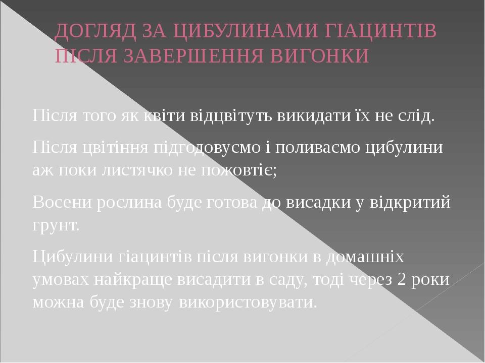 ДОГЛЯД ЗА ЦИБУЛИНАМИ ГІАЦИНТІВ ПІСЛЯ ЗАВЕРШЕННЯ ВИГОНКИ Після того як квіти відцвітуть викидати їх не слід. Після цвітіння підгодовуємо і поливаємо...